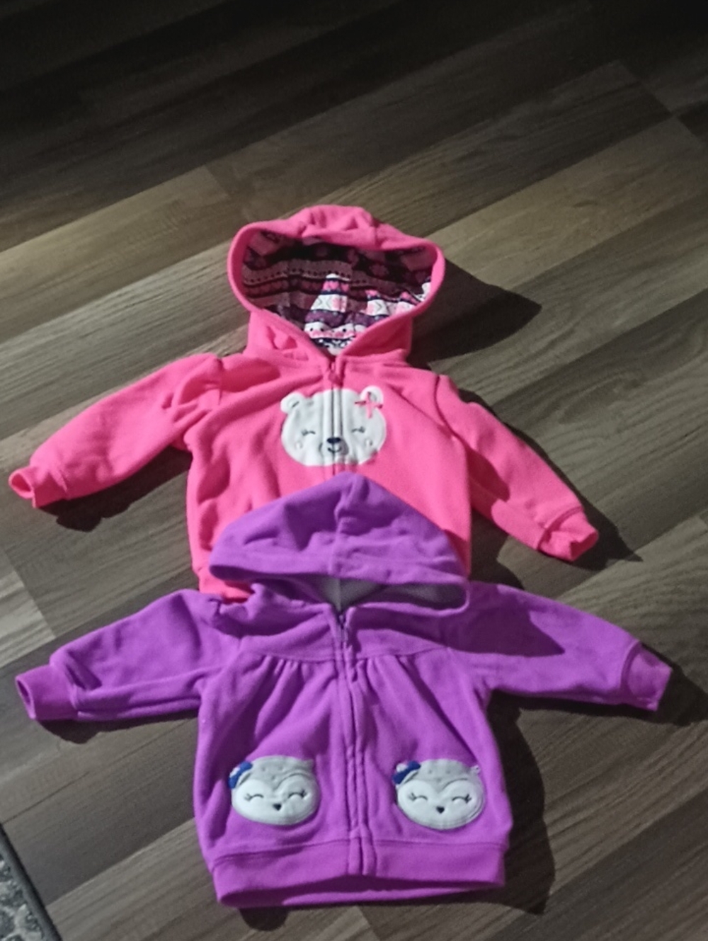 Lot Of 2 Baby Long Sleeve Hoodies. Pink Is 6mo. Purple Is 3mo.